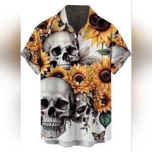 Bold Skull Sunflower Button Up Hawaiian Style Shirt